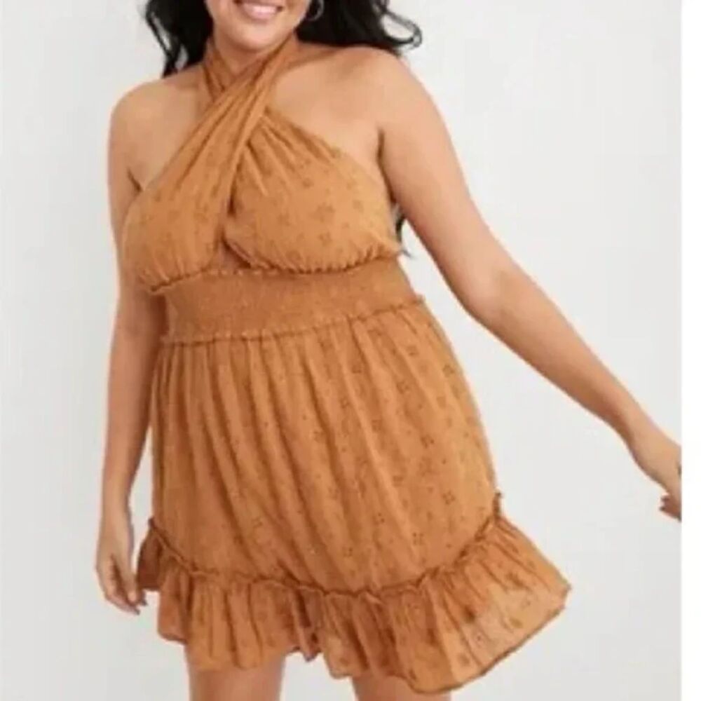 Aerie Spring Fling Halter Eyelet Mini Dress, Tan, Size M